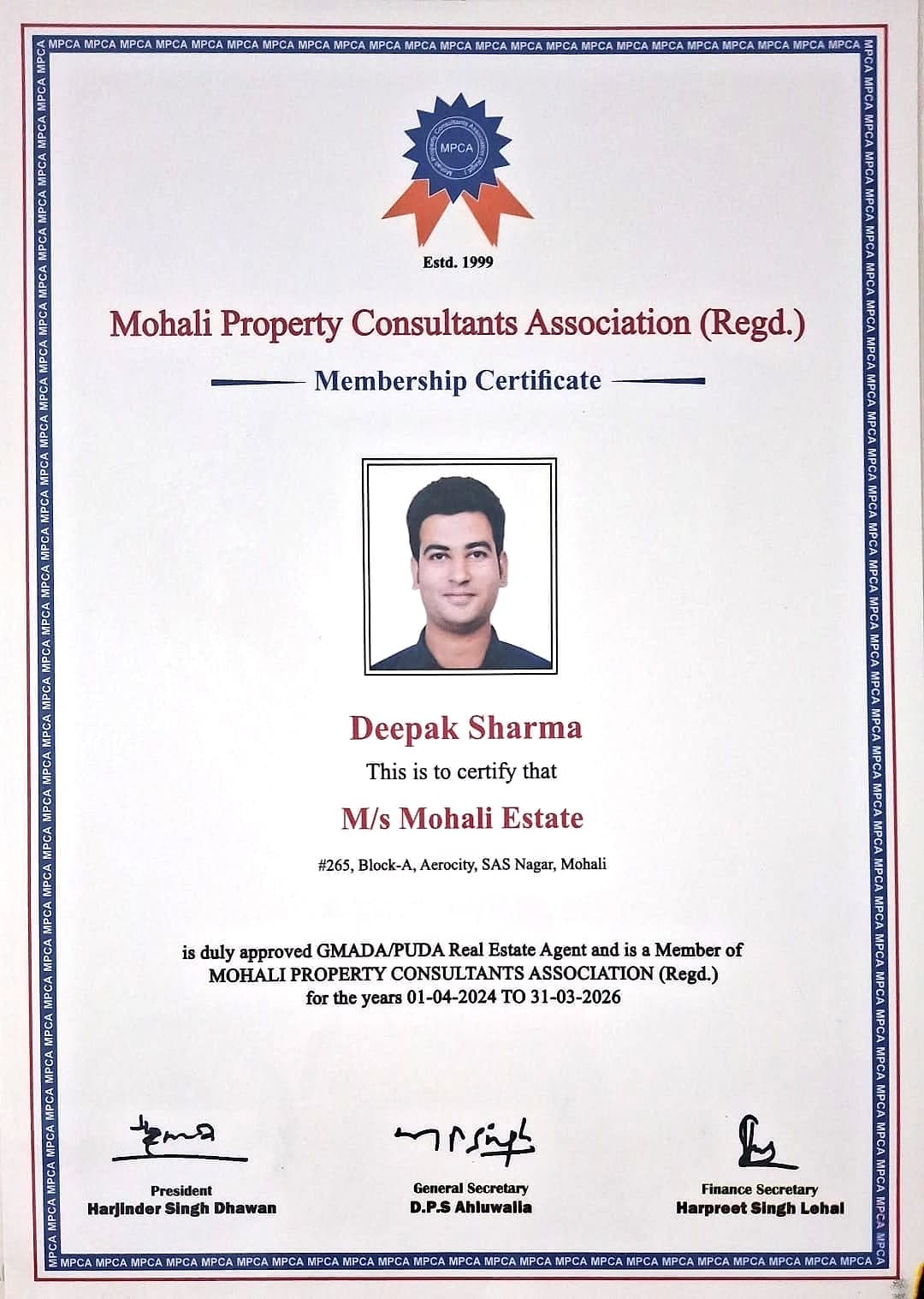 Mohali Property Consultants Association (Regd.) membership certificate for Deepak Sharma, M/s Mohali Estate, an approved GMADA/PUDA real estate agent, for 1 Apr 2024 to 31 Mar 2026.