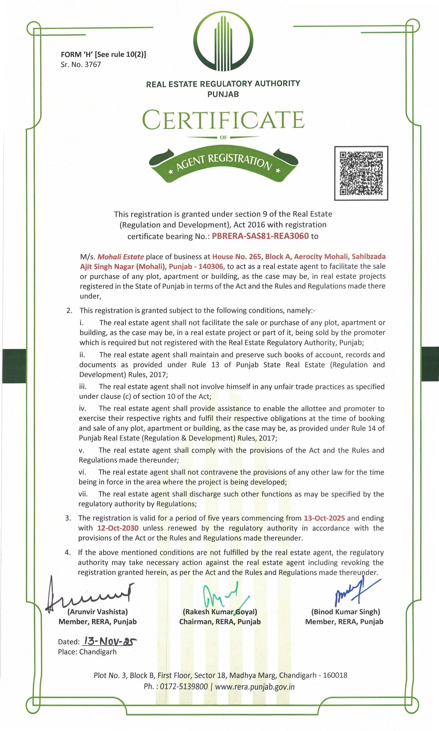 RERA Punjab certificate of agent registration no. PBRERA-SAS81-REA3060 for M/s Mohali Estate, valid 13 Oct 2025 to 12 Oct 2030.